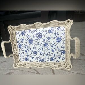 Wicker Tray with Blue Floral Design